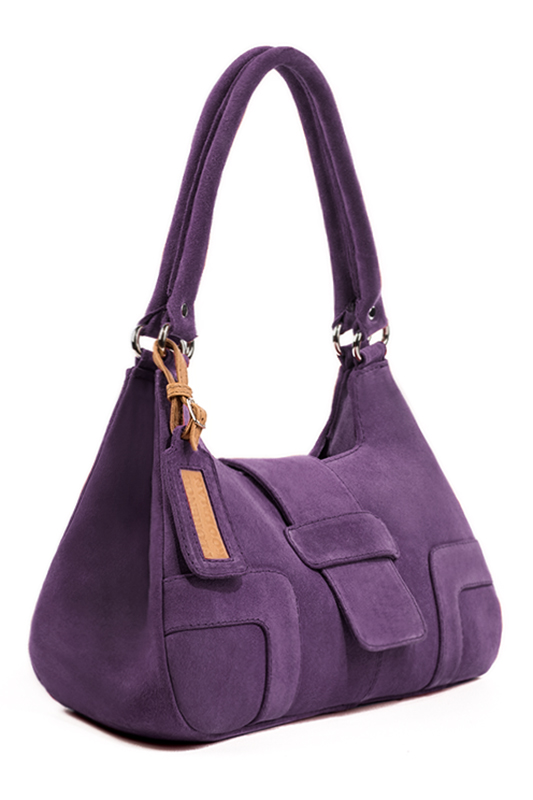 Amethyst purple women's dress handbag, matching pumps and belts. Worn view - Florence KOOIJMAN